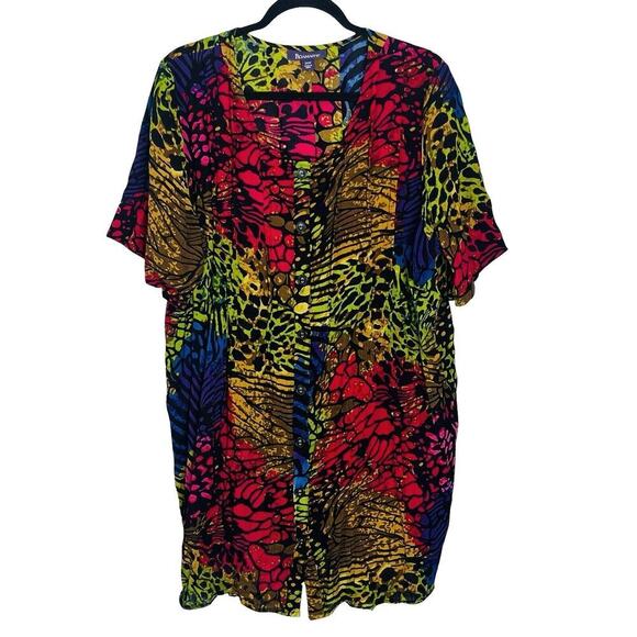 Roaman’s Tunic Top Sz 24 W Button Front Crinkled Rayon Crepe Mixed Animal Print - Picture 2 of 10